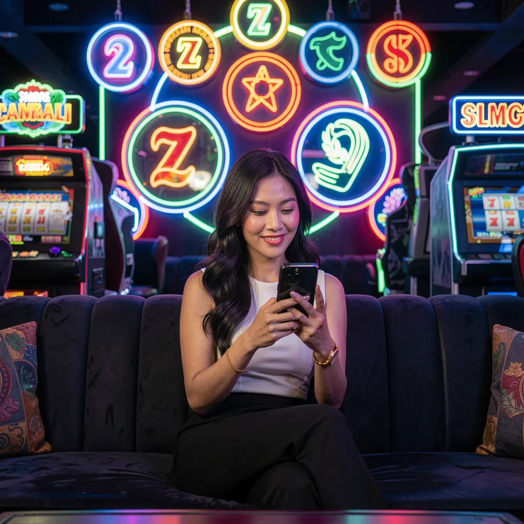 SINA66 App – Enjoy smooth and stylish mobile casino gaming in the Philippines Modern Filipino woman relaxing on a sofa while using the SINA66 casino app with colorful neon slot symbols glowing behind her