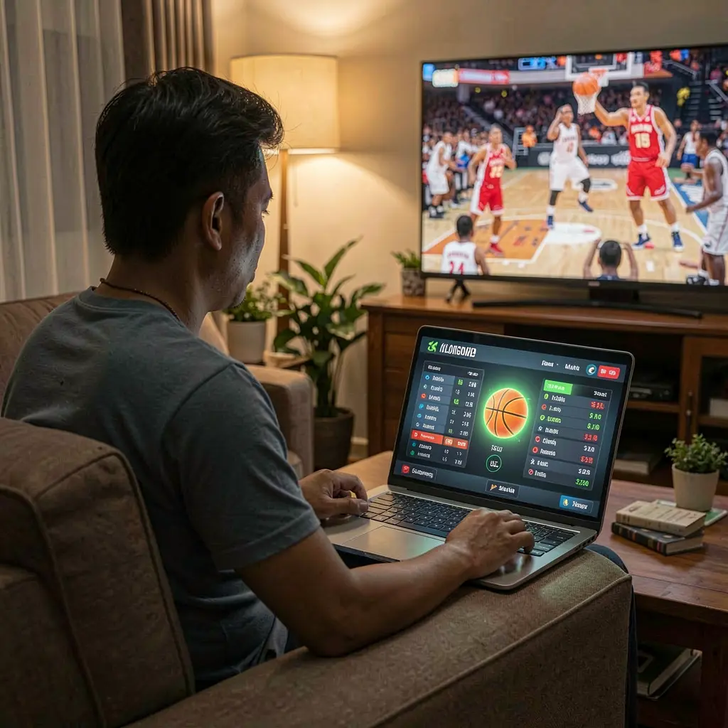 SINA66 Bet – Enjoy smooth and engaging sports betting in the Philippines Focused Filipino sports bettor using a laptop with the SINA66 betting platform open while watching a live basketball game on TV in a cozy home setting