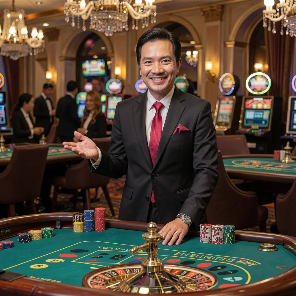 SINA66 – Discover the excitement of live casino games in the Philippines Elegant live casino dealer from the Philippines standing at a roulette table with a welcoming gesture inside the luxury SINA66 casino environment