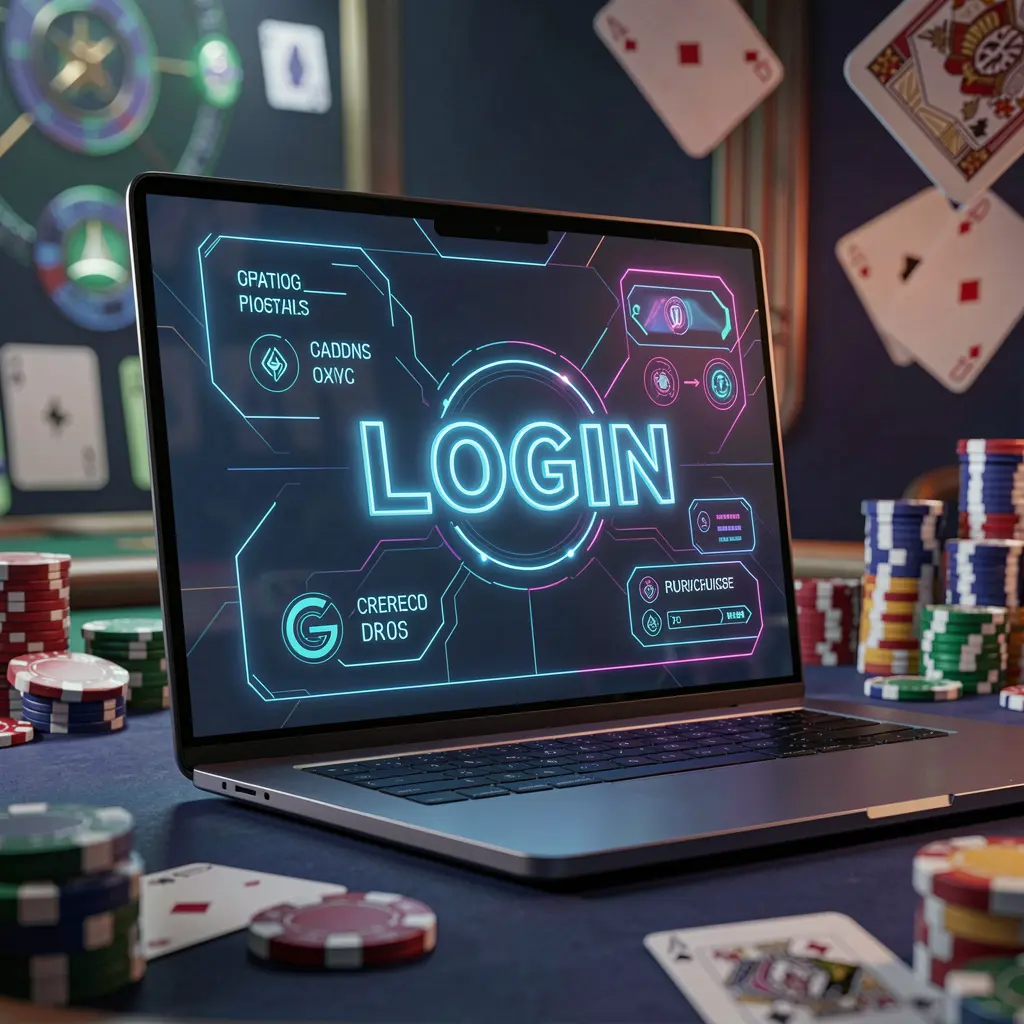 SINA66 Login – Secure and smooth account access for online gaming in the Philippines Modern laptop with a glowing login interface surrounded by blurred casino chips and cards representing secure account access on SINA66 for players in the Philippines